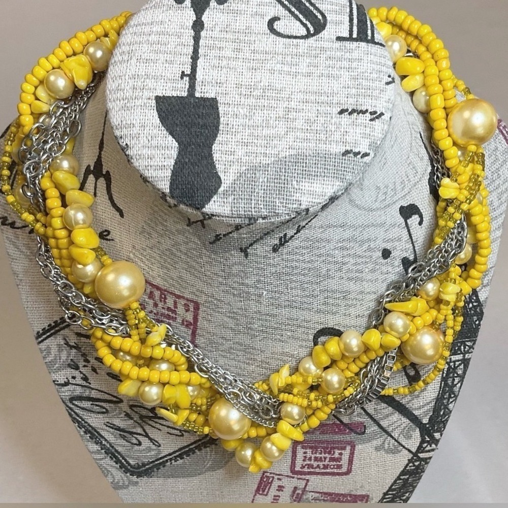 Bold Vintage Multi Strand Beaded Necklace Twisted Yellow Jewelry - Picture 2 of 6